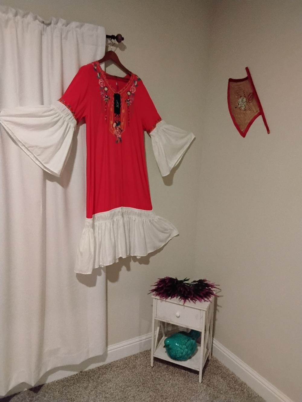 Red and White Embroidered Bell-Sleeve Dress
